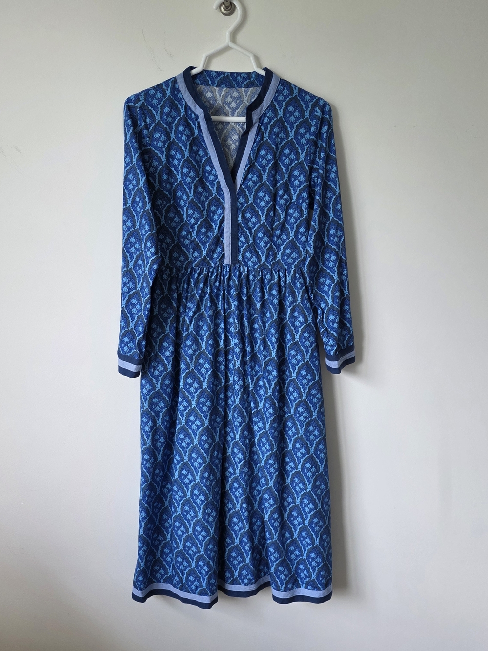 Blue Floral Cotton Midi Dress Sz S V Neck Long Sleeve Boho Cottagecore Romantic